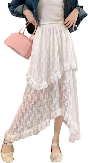 Womens Lace Skirt Goth Lolita Floral High Waisted Asymmetrical Ruched Ruffle Pleated Midi Long Skirt