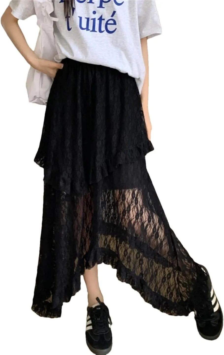Womens Lace Skirt Goth Lolita Floral High Waisted Asymmetrical Ruched Ruffle Pleated Midi Long Skirt