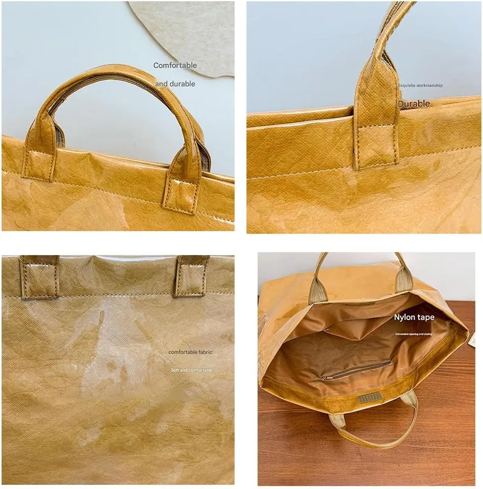 Womens Letters Print Tote Bag, PVC Waterproof Kraft Paper HandbagsFashion Retro Tote Bag