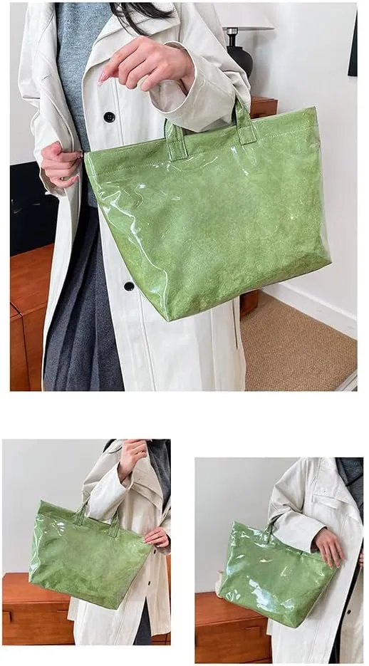 Womens Letters Print Tote Bag, PVC Waterproof Kraft Paper HandbagsFashion Retro Tote Bag
