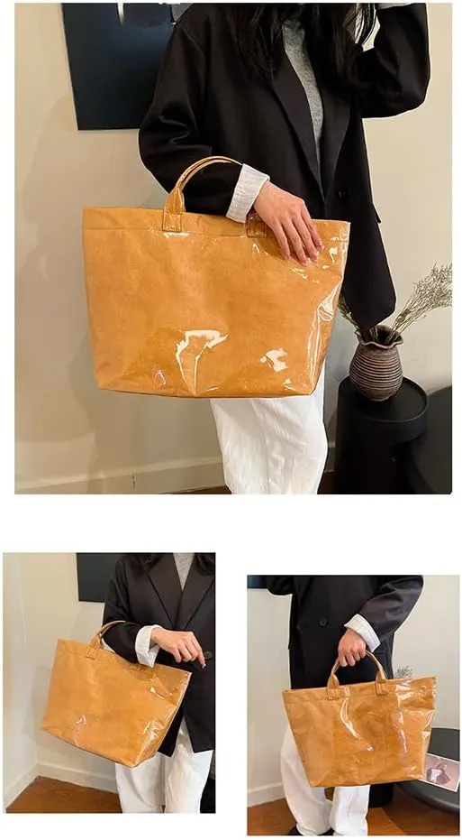 Womens Letters Print Tote Bag, PVC Waterproof Kraft Paper HandbagsFashion Retro Tote Bag