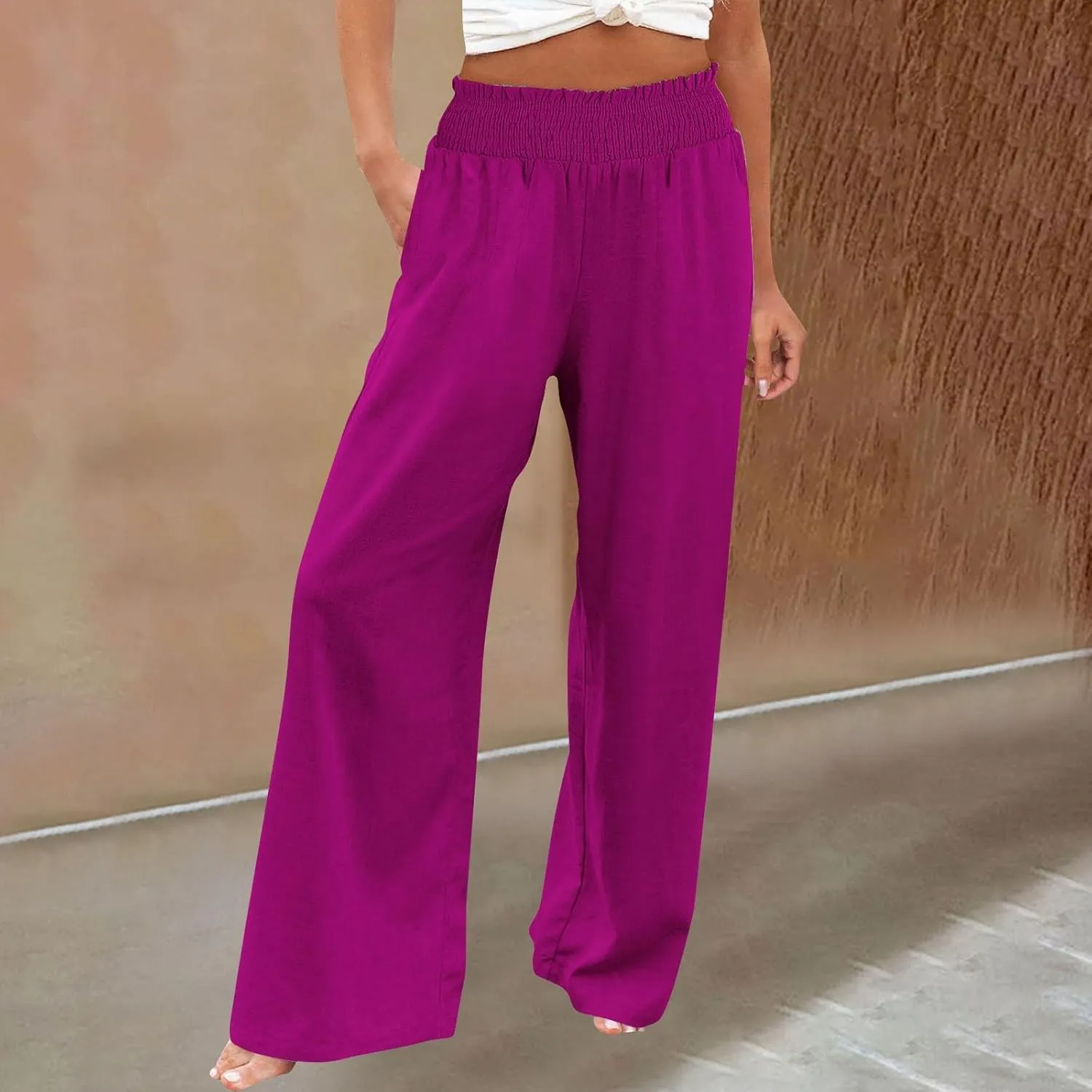 Women's Linen Palazzo Pants Wide Leg High Waistband Summer Boho Trousers Casual Travel Vacation Lounge Comfy Outfits