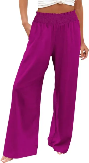 Women's Linen Palazzo Pants Wide Leg High Waistband Summer Boho Trousers Casual Travel Vacation Lounge Comfy Outfits