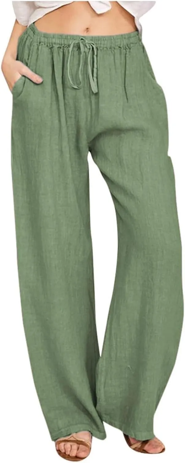 Women's Linen Pants 2025 Summer Cotton Wide Leg Casual Comfy Drawstring High Waist Palazzo Pants Trousers with Pockets