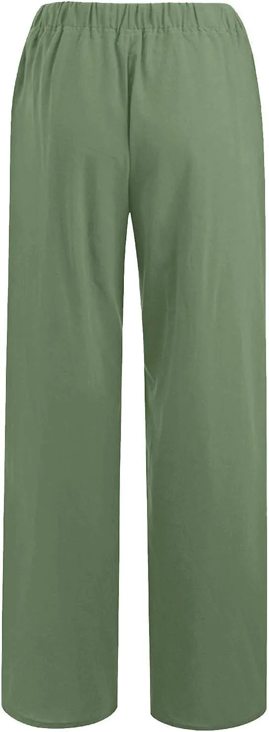 Women's Linen Pants 2025 Summer Cotton Wide Leg Casual Comfy Drawstring High Waist Palazzo Pants Trousers with Pockets