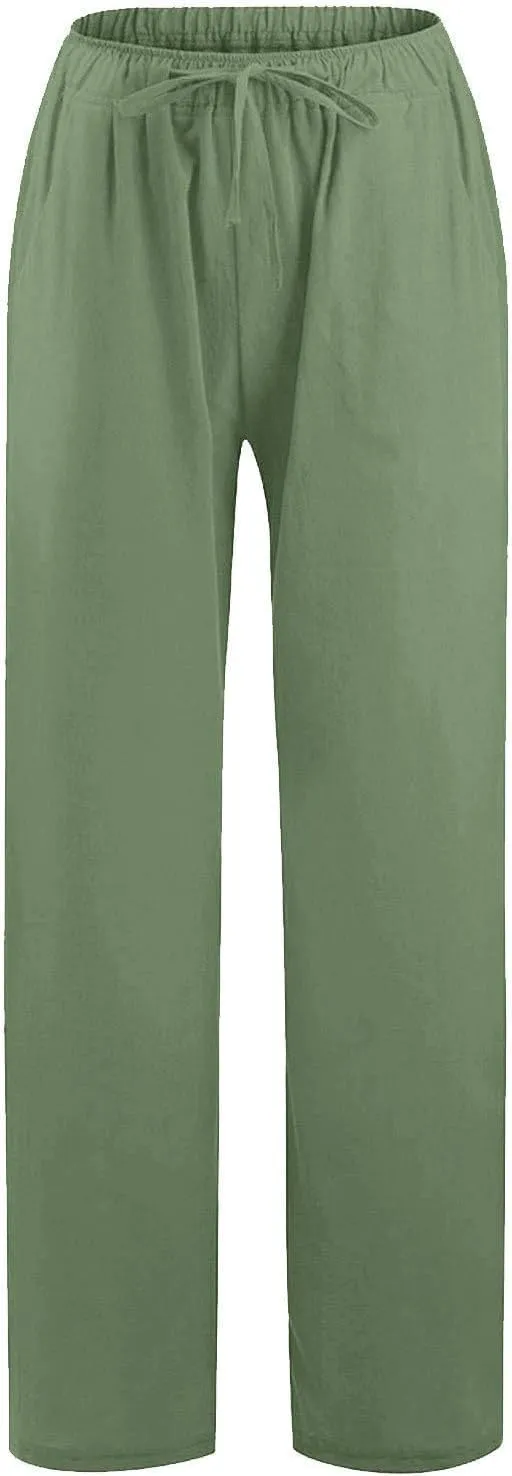 Women's Linen Pants 2025 Summer Cotton Wide Leg Casual Comfy Drawstring High Waist Palazzo Pants Trousers with Pockets