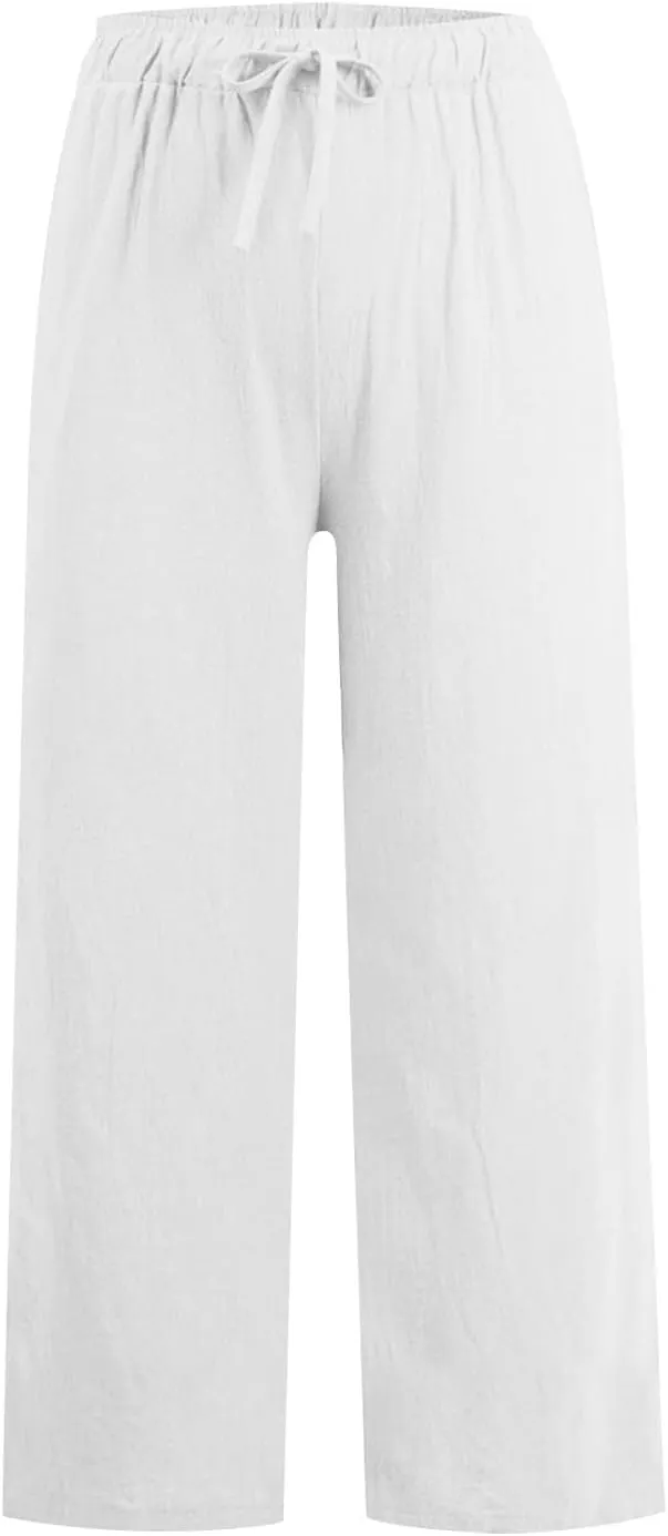 Womens Linen Pants Casual 2025 Summer High Waisted Drawstring Lounge Trouser Beach Straight Wide Leg Palazzo Jogger