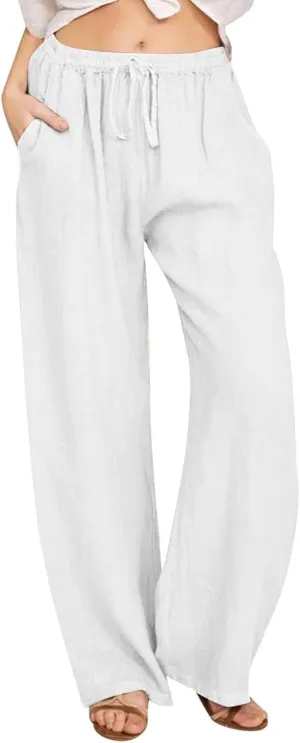 Womens Linen Pants Casual 2025 Summer High Waisted Drawstring Lounge Trouser Beach Straight Wide Leg Palazzo Jogger