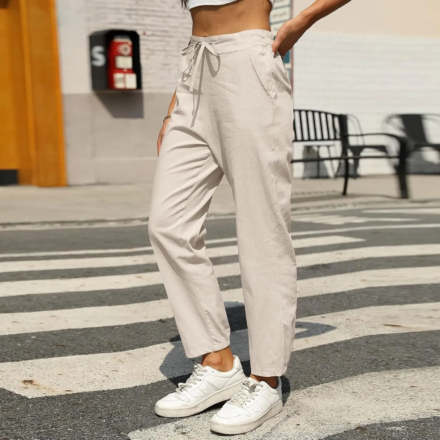 Womens Linen Pants Casual Summer High Waisted Drawstring Tapered Pants Baggy Sweatpants with Pockets Travel Trousers