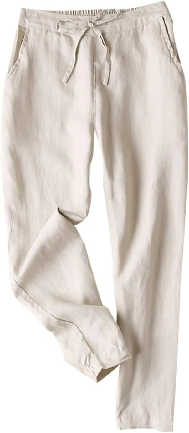 Womens Linen Pants Casual Summer High Waisted Drawstring Tapered Pants Baggy Sweatpants with Pockets Travel Trousers