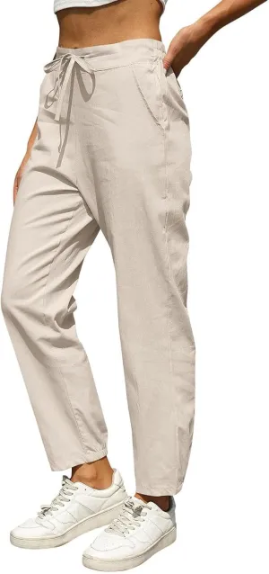 Womens Linen Pants Casual Summer High Waisted Drawstring Tapered Pants Baggy Sweatpants with Pockets Travel Trousers