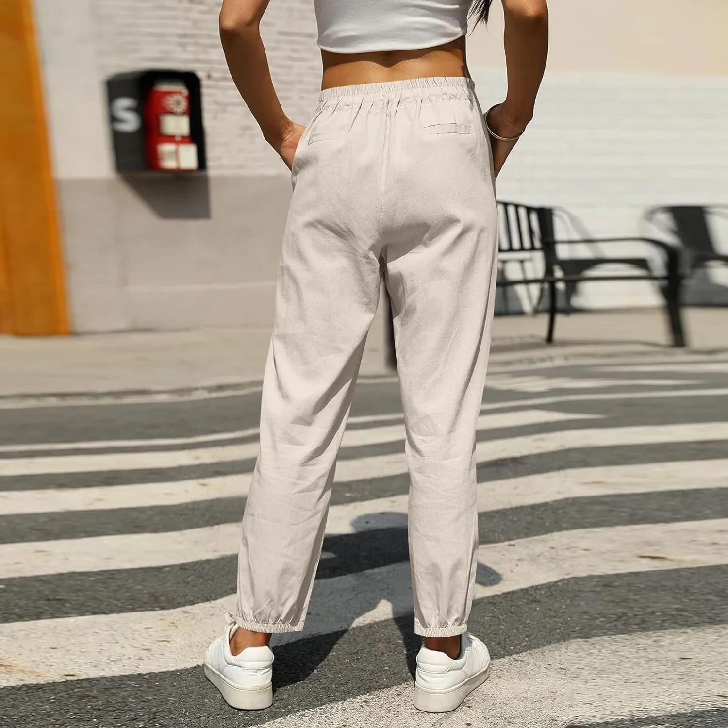 Womens Linen Pants Casual Summer High Waisted Drawstring Tapered Pants Baggy Sweatpants with Pockets Travel Trousers