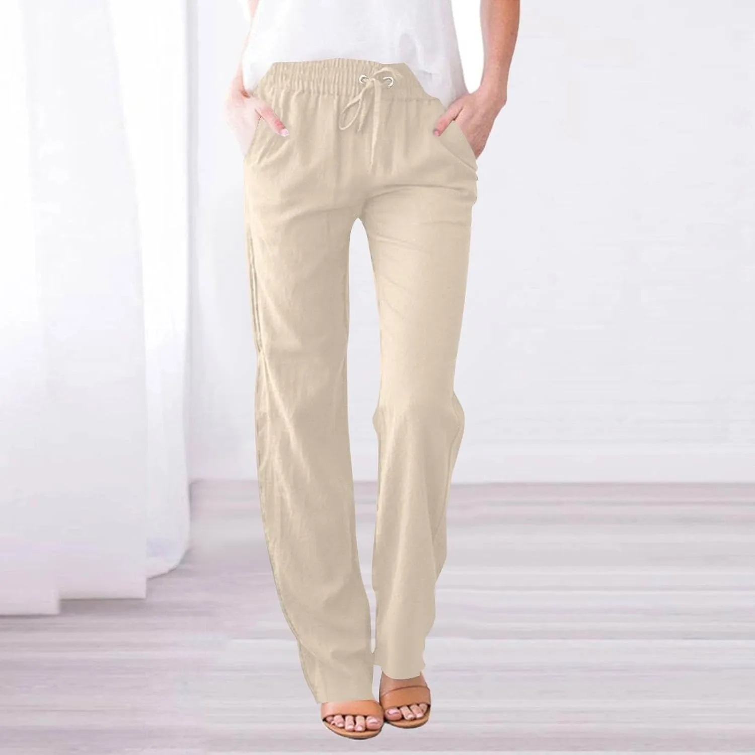 Women's Linen Pants High Waisted Loose Straight Leg Trousers Casual Summer Dress Pants Lounge Trousers with Pockets