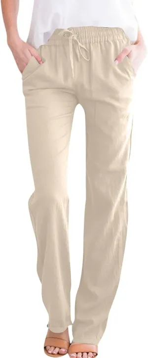 Women's Linen Pants High Waisted Loose Straight Leg Trousers Casual Summer Dress Pants Lounge Trousers with Pockets