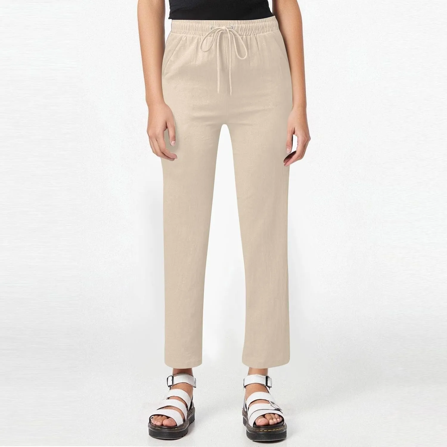 Women's Linen Pants High Waisted Loose Straight Leg Trousers Casual Summer Dress Pants Lounge Trousers with Pockets
