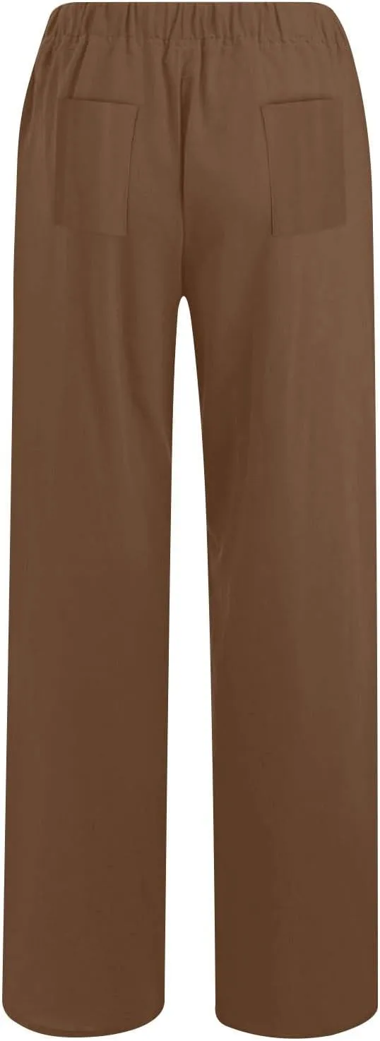Womens Linen Pants Straight Leg Plus Size High Waisted Linen Pants Women Casual Beach Trousers with Pockets