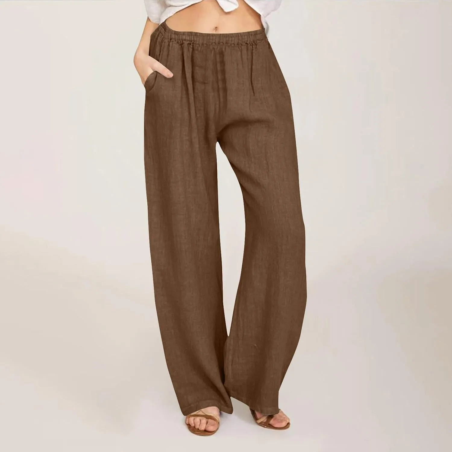 Womens Linen Pants Straight Leg Plus Size High Waisted Linen Pants Women Casual Beach Trousers with Pockets