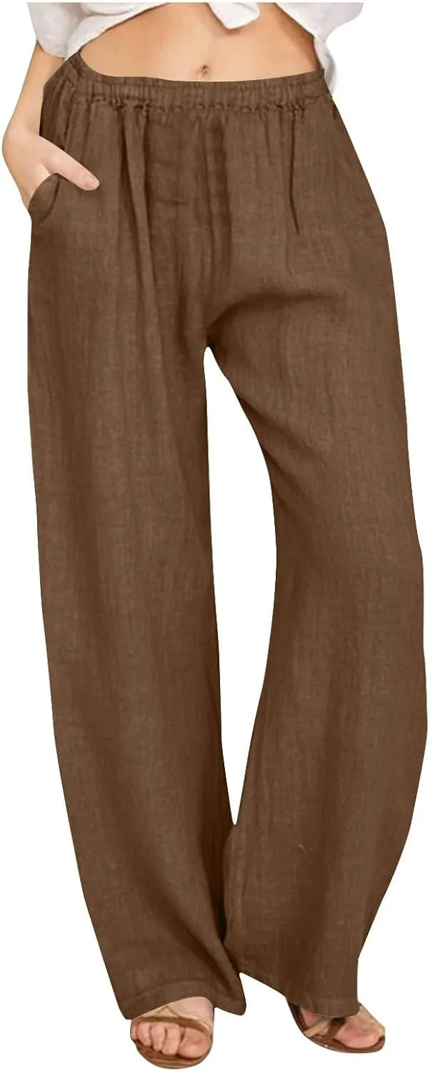 Womens Linen Pants Straight Leg Plus Size High Waisted Linen Pants Women Casual Beach Trousers with Pockets