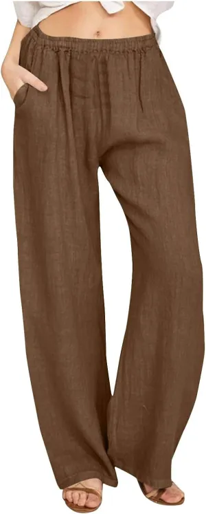 Womens Linen Pants Straight Leg Plus Size High Waisted Linen Pants Women Casual Beach Trousers with Pockets