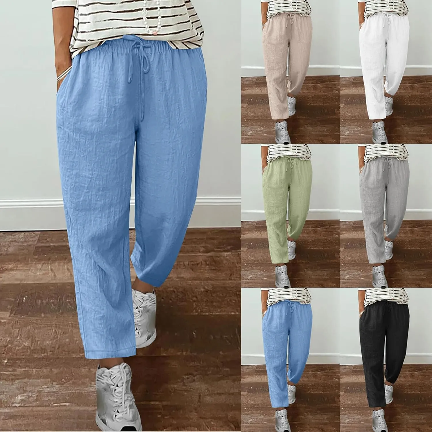 Women's Linen Pants Summer Cropped Pants Lightweight Straight Slacks Elastic Waist Casual Pant Trousers with Pockets