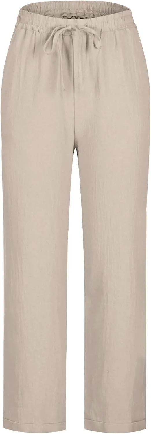 Women's Linen Pants Summer Cropped Pants Lightweight Straight Slacks Elastic Waist Casual Pant Trousers with Pockets