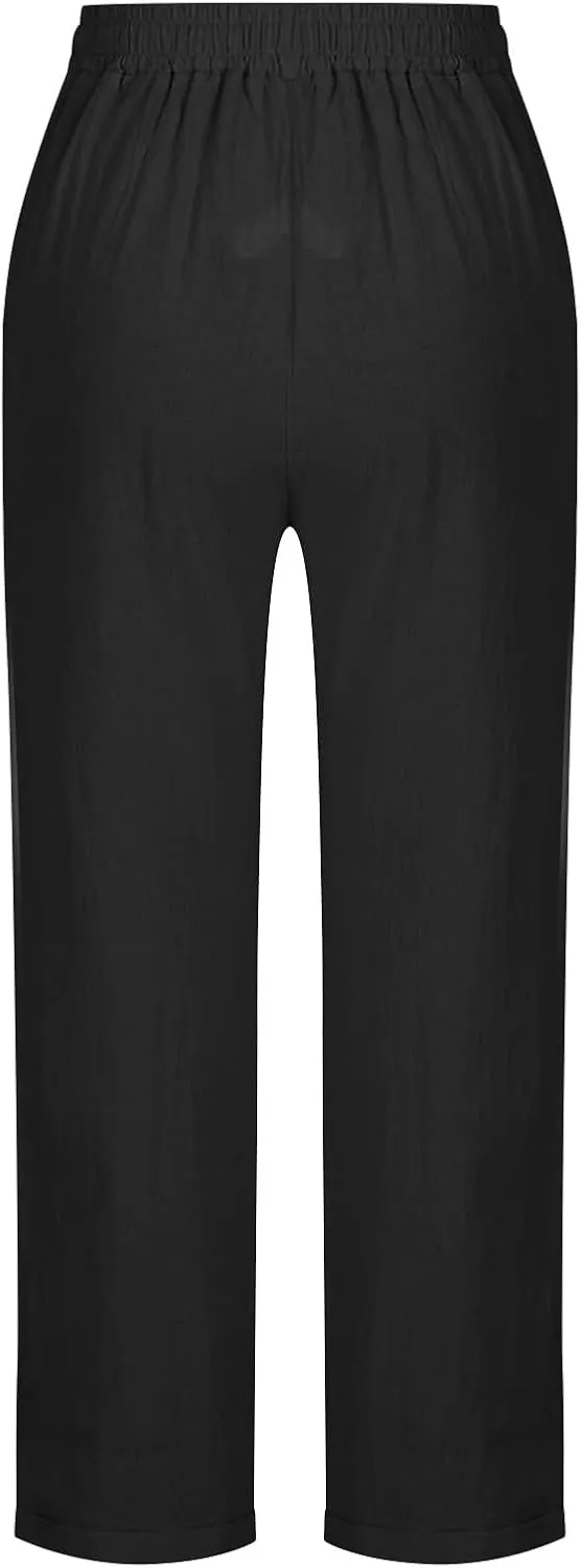 Women's Linen Pants Summer Cropped Pants Lightweight Straight Slacks Elastic Waist Casual Pant Trousers with Pockets