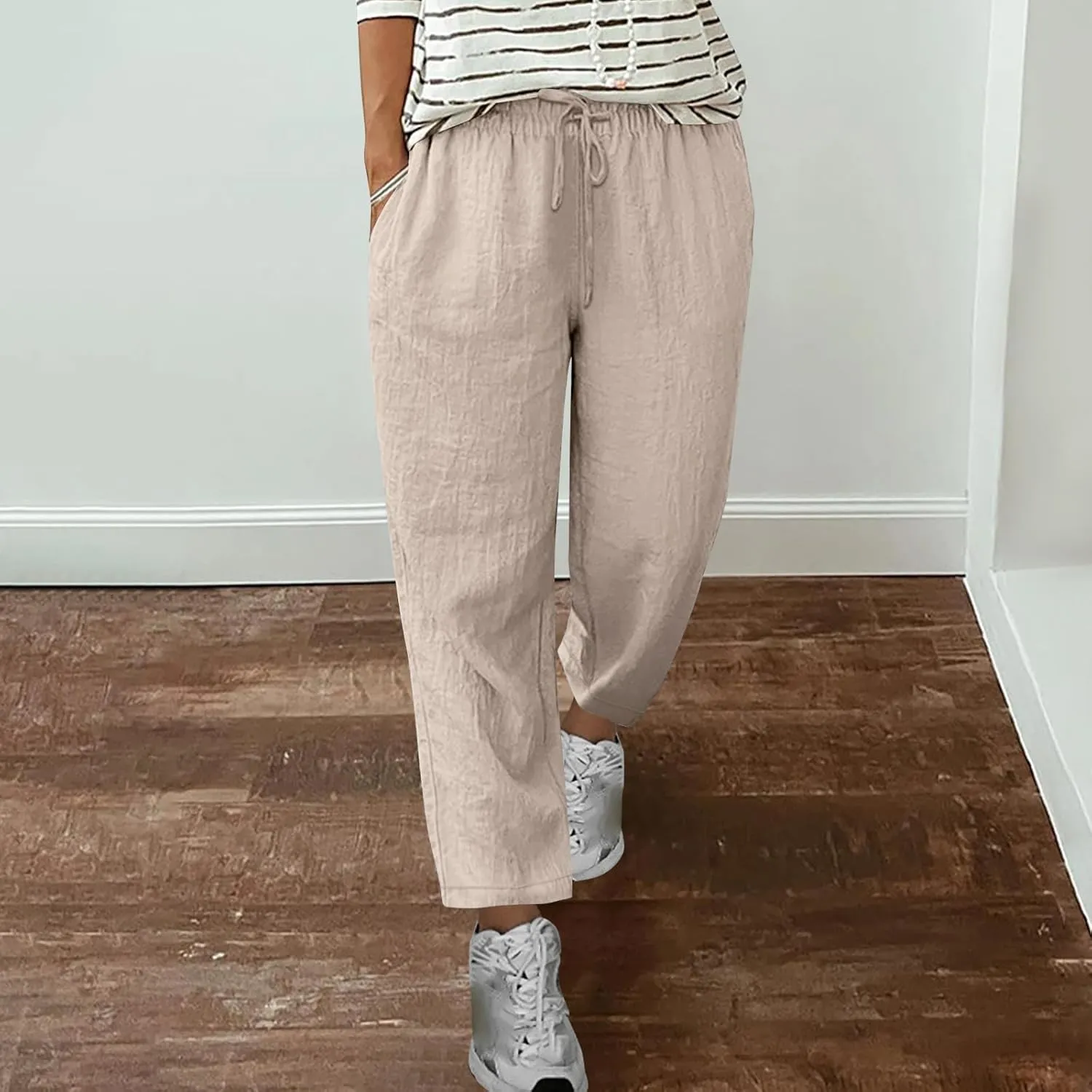 Women's Linen Pants Summer Cropped Pants Lightweight Straight Slacks Elastic Waist Casual Pant Trousers with Pockets