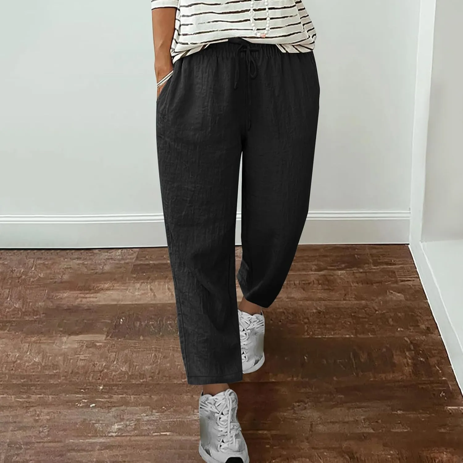 Women's Linen Pants Summer Cropped Pants Lightweight Straight Slacks Elastic Waist Casual Pant Trousers with Pockets