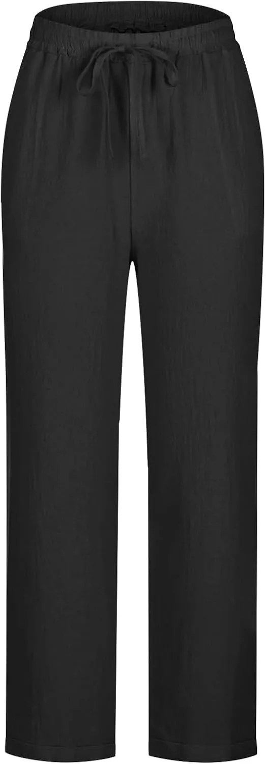 Women's Linen Pants Summer Cropped Pants Lightweight Straight Slacks Elastic Waist Casual Pant Trousers with Pockets
