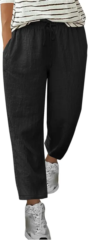 Women's Linen Pants Summer Cropped Pants Lightweight Straight Slacks Elastic Waist Casual Pant Trousers with Pockets