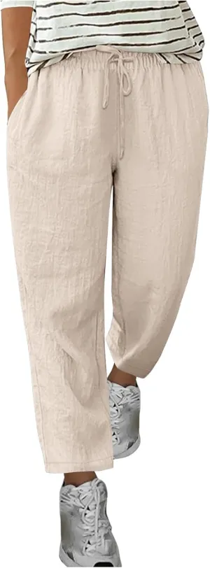 Women's Linen Pants Summer Cropped Pants Lightweight Straight Slacks Elastic Waist Casual Pant Trousers with Pockets