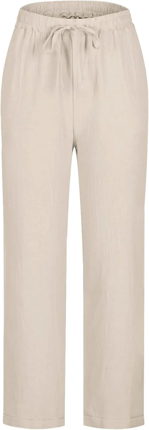 Women's Linen Pants Summer Cropped Pants Lightweight Straight Slacks Elastic Waist Casual Pant Trousers with Pockets
