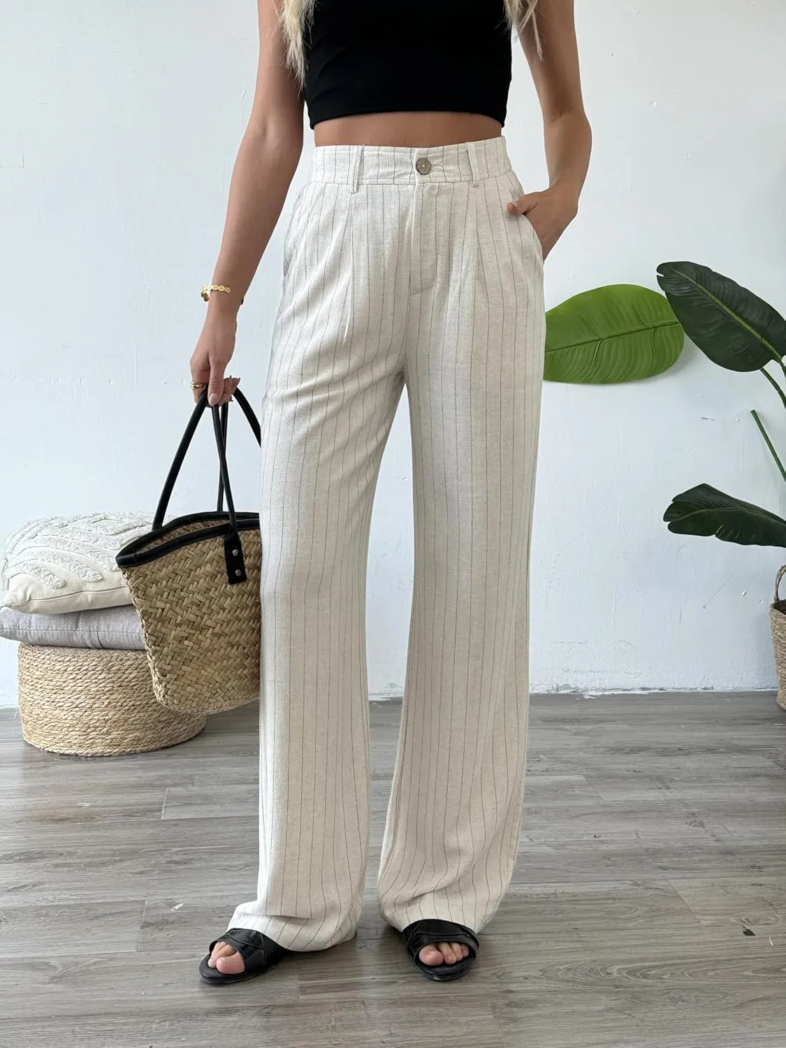 Women's Linen Pants Summer Striped Wide Straight Leg High Waist Beach Vacation Dressy Business Casual Trouser