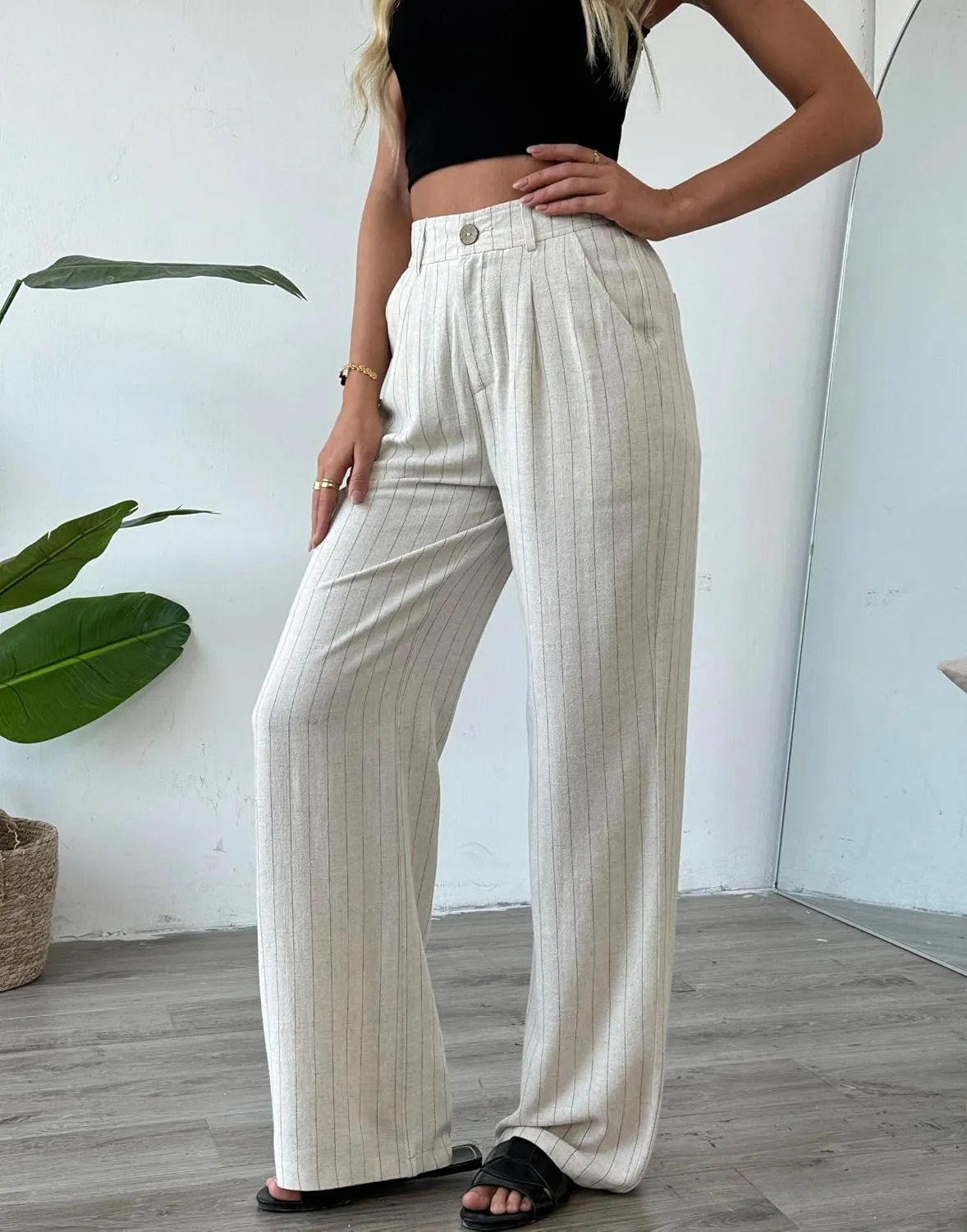 Women's Linen Pants Summer Striped Wide Straight Leg High Waist Beach Vacation Dressy Business Casual Trouser