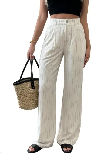 Women's Linen Pants Summer Striped Wide Straight Leg High Waist Beach Vacation Dressy Business Casual Trouser