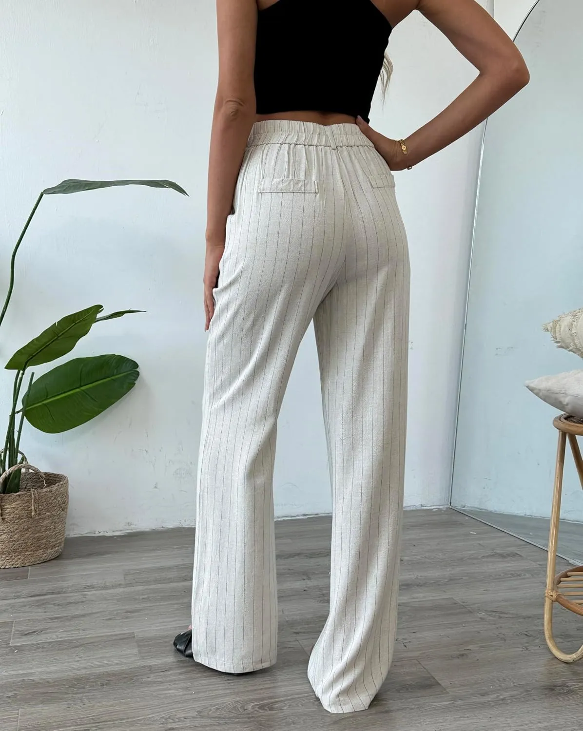 Women's Linen Pants Summer Striped Wide Straight Leg High Waist Beach Vacation Dressy Business Casual Trouser