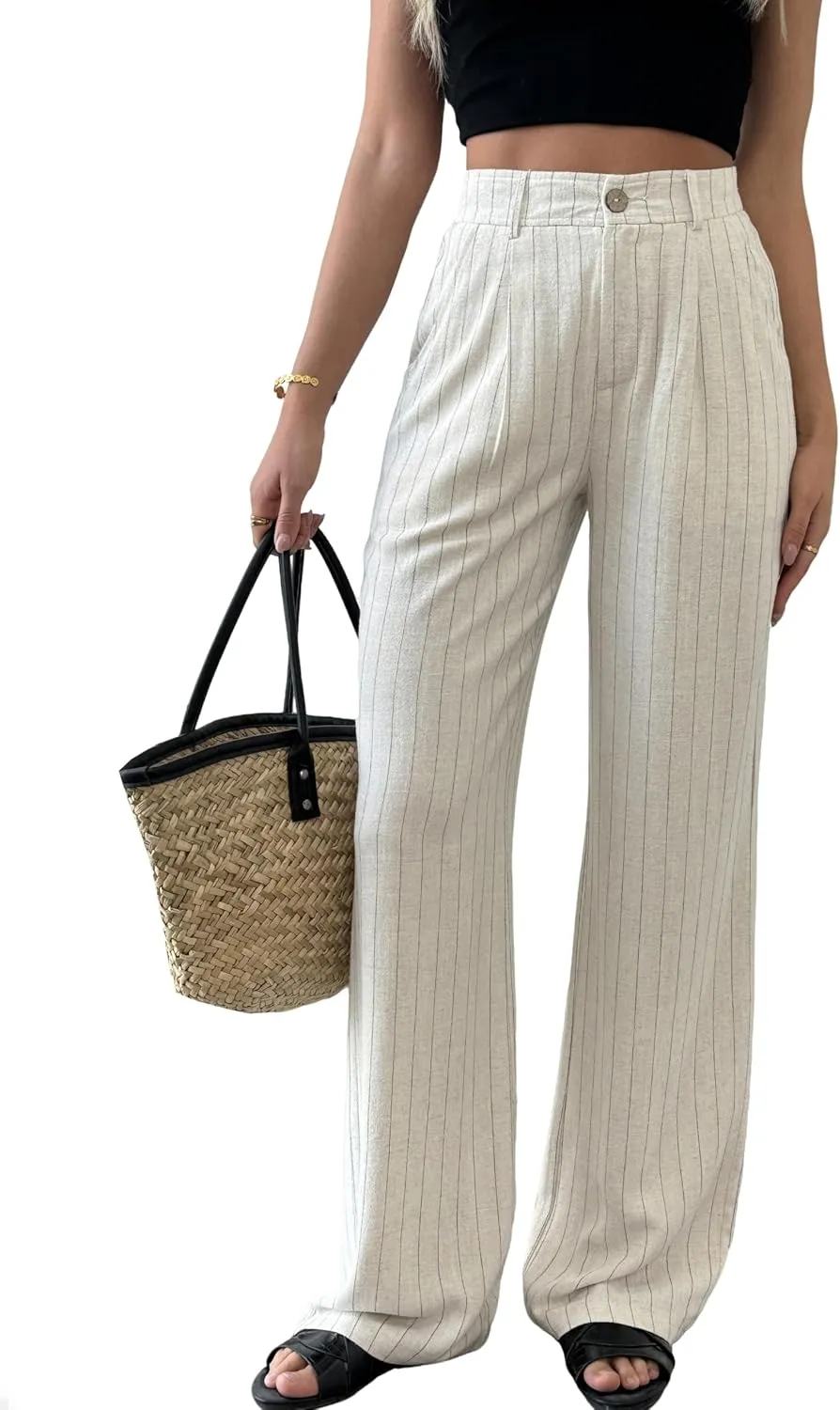 Women's Linen Pants Summer Striped Wide Straight Leg High Waist Beach Vacation Dressy Business Casual Trouser
