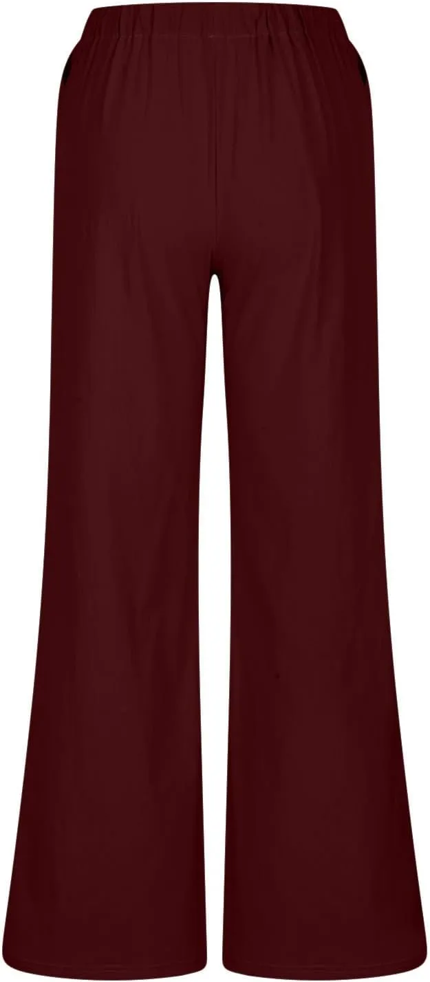 Womens Linen Pants Summer Wide Leg High Waist Flowy Palazzo Casual Loose Fit Lightweight Drawstring Beach Trousers