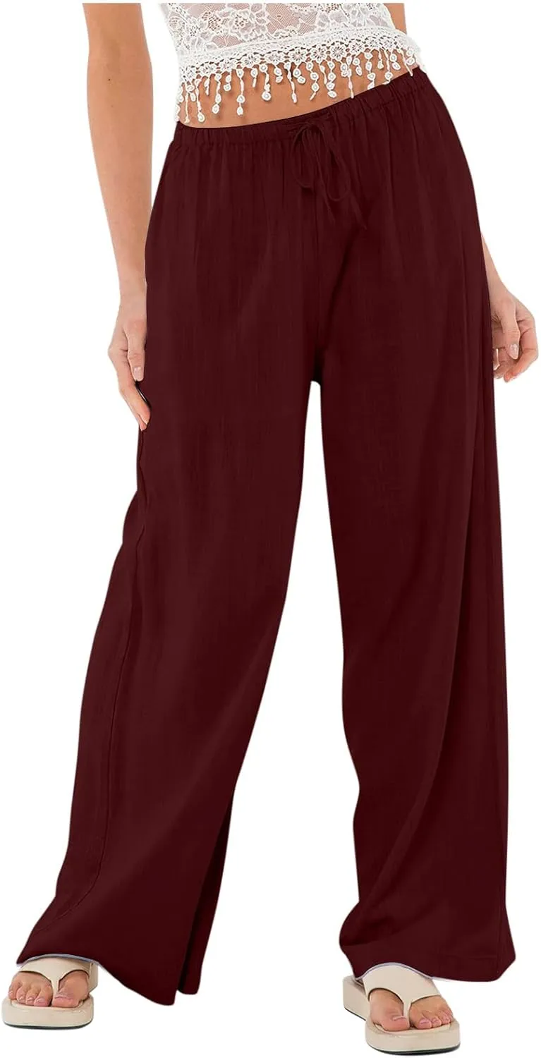 Womens Linen Pants Summer Wide Leg High Waist Flowy Palazzo Casual Loose Fit Lightweight Drawstring Beach Trousers