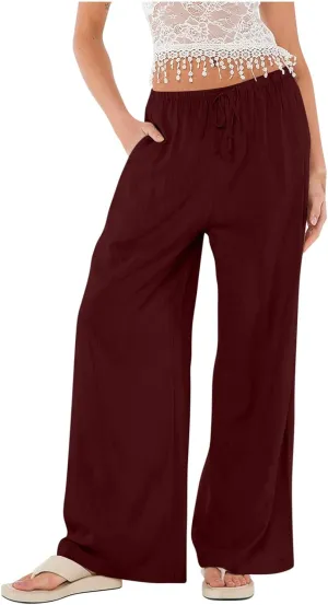 Womens Linen Pants Summer Wide Leg High Waist Flowy Palazzo Casual Loose Fit Lightweight Drawstring Beach Trousers