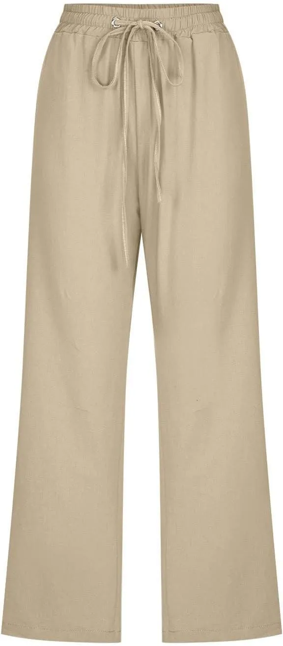 Womens Linen Pants,Summer Capri Pants High Waisted Wide Leg Drawstring Solid Casual Loose Trousers with Pockets