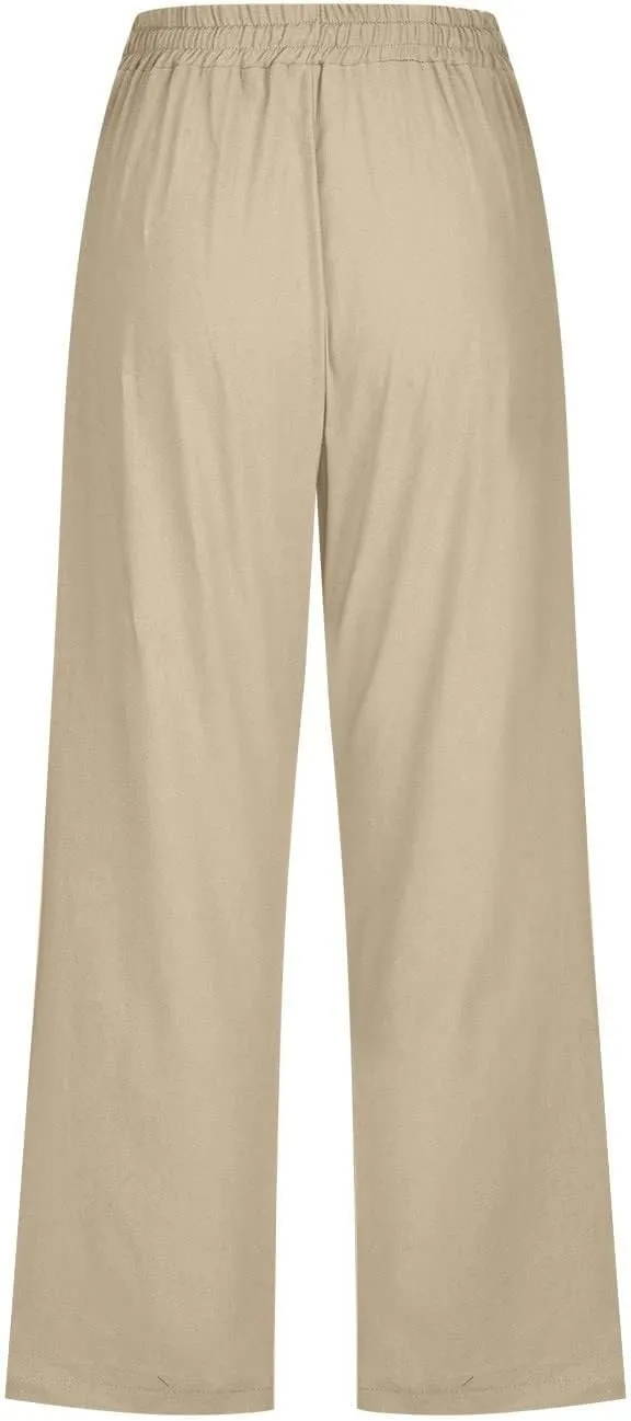 Womens Linen Pants,Summer Capri Pants High Waisted Wide Leg Drawstring Solid Casual Loose Trousers with Pockets