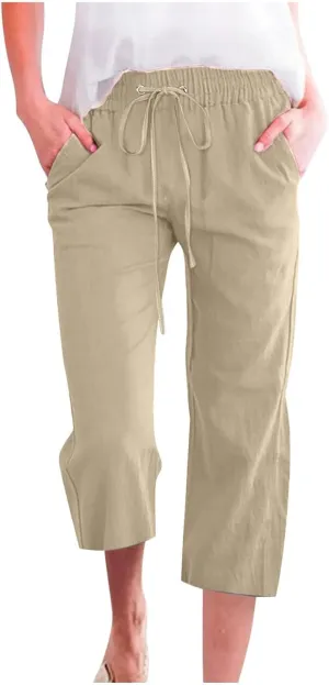 Womens Linen Pants,Summer Capri Pants High Waisted Wide Leg Drawstring Solid Casual Loose Trousers with Pockets