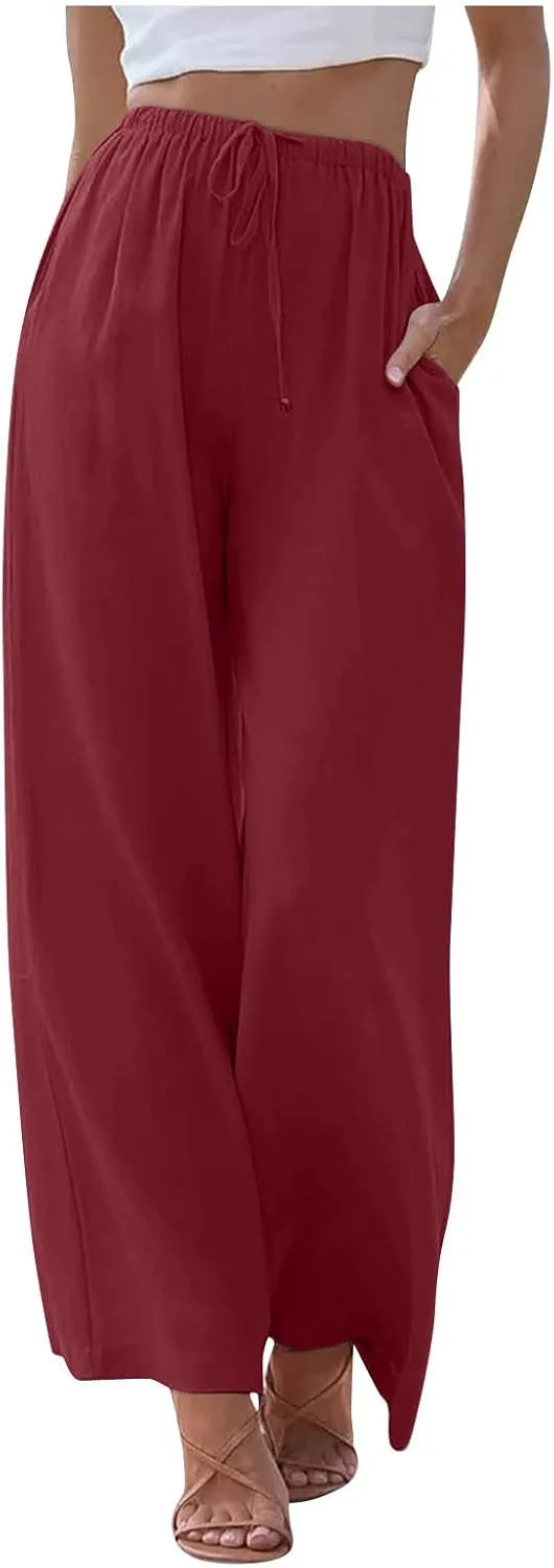 Womens Linen Summer Palazzo Pants Flowy Wide Leg Beach Pants Casual Lounge Pants Travel Vacation Outfits with Pockets
