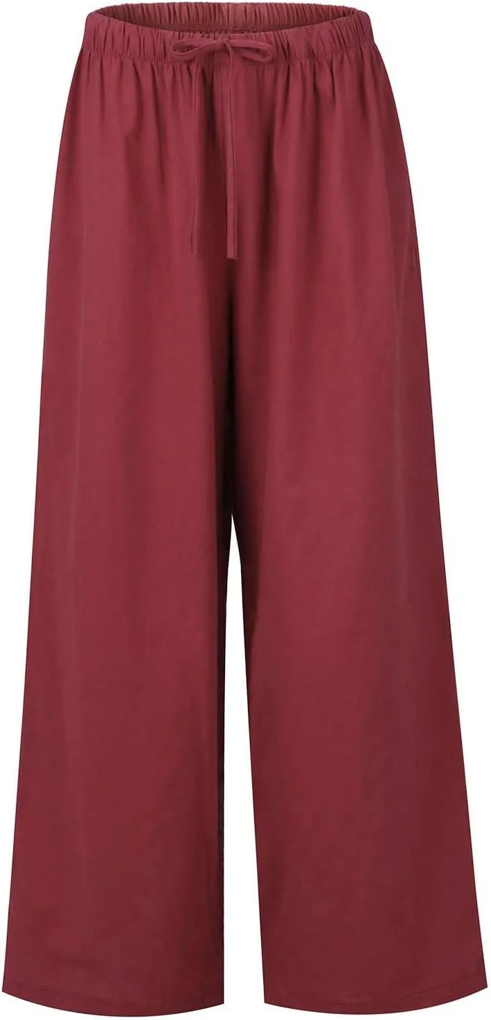 Womens Linen Summer Palazzo Pants Flowy Wide Leg Beach Pants Casual Lounge Pants Travel Vacation Outfits with Pockets