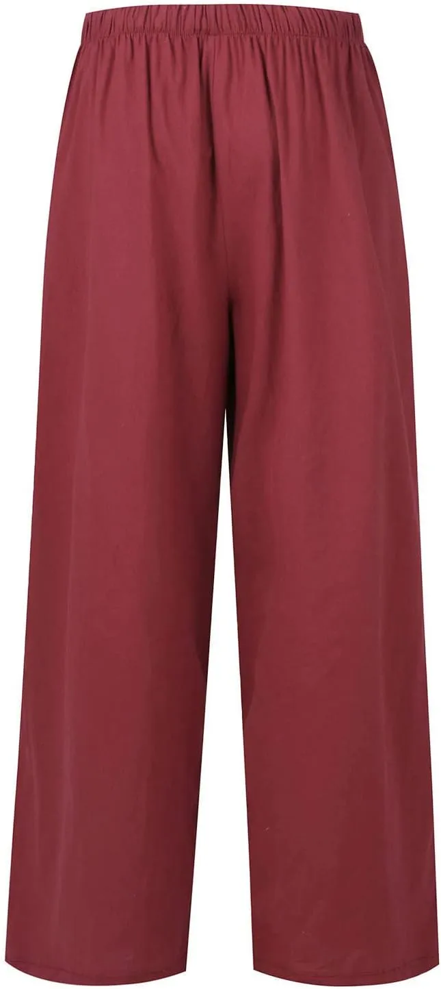 Womens Linen Summer Palazzo Pants Flowy Wide Leg Beach Pants Casual Lounge Pants Travel Vacation Outfits with Pockets