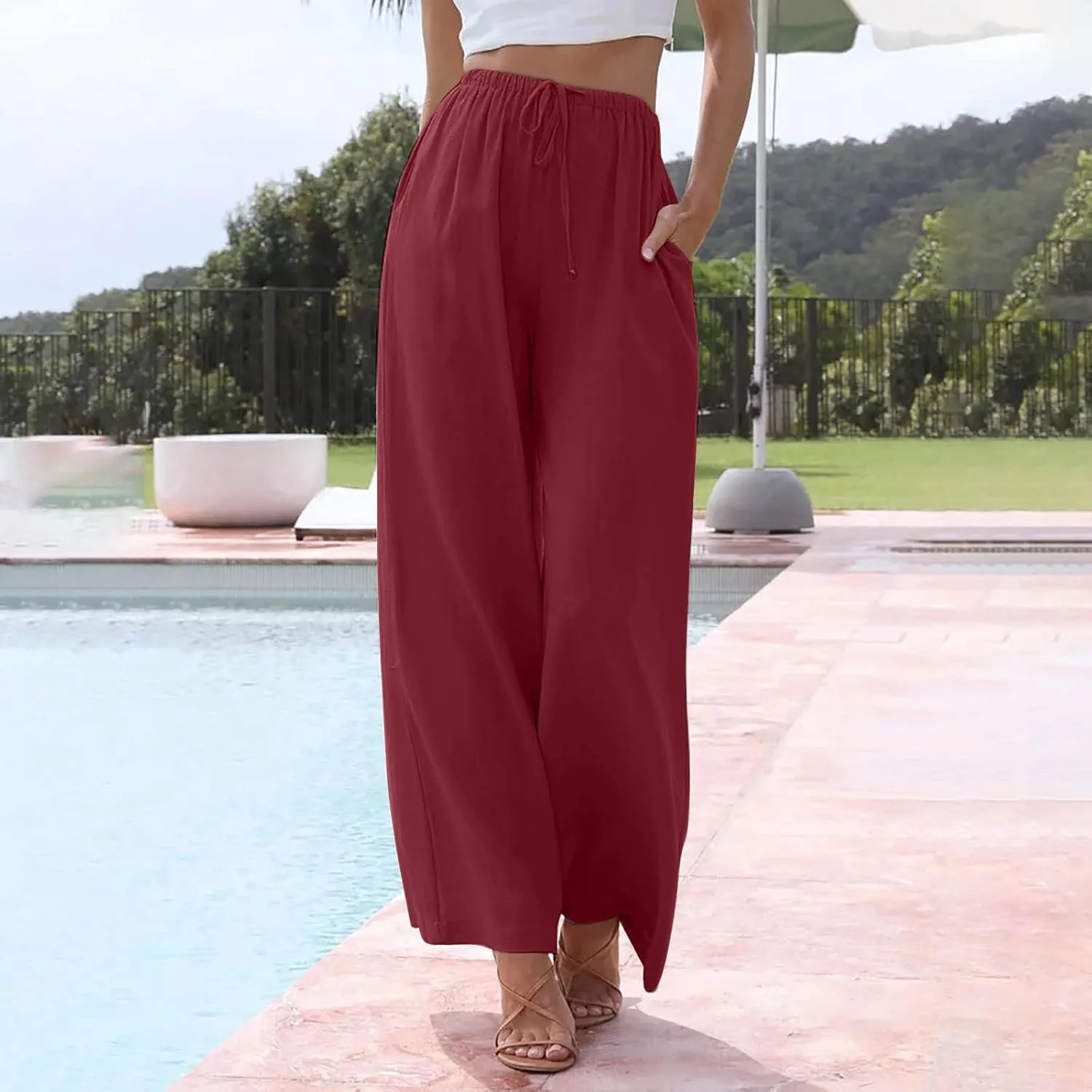 Womens Linen Summer Palazzo Pants Flowy Wide Leg Beach Pants Casual Lounge Pants Travel Vacation Outfits with Pockets