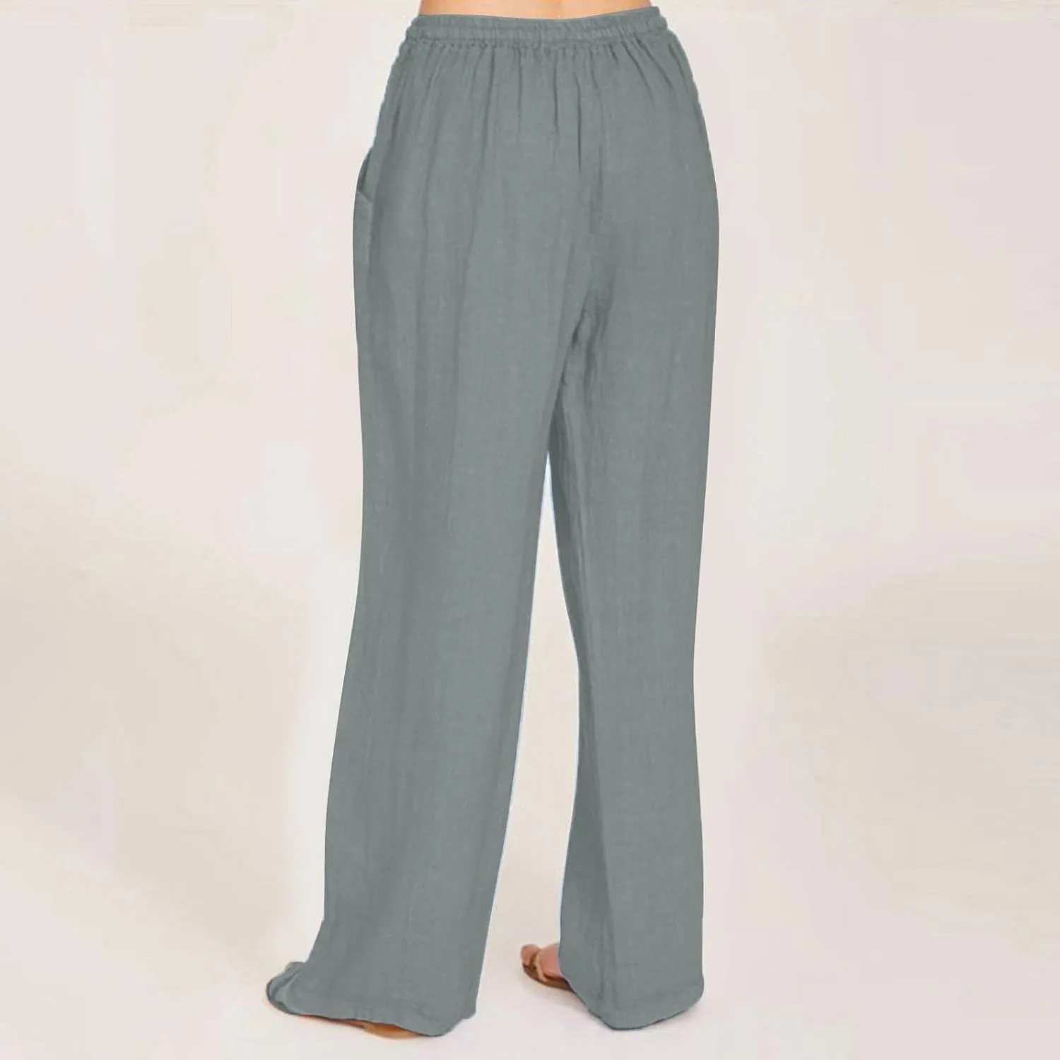 Womens Linen Trousers,Summer Boho Palazzo Pants Wide Leg High Waisted Drawstring Loose Lounge Long Pant with Pockets