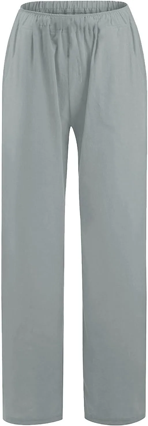 Womens Linen Trousers,Summer Boho Palazzo Pants Wide Leg High Waisted Drawstring Loose Lounge Long Pant with Pockets