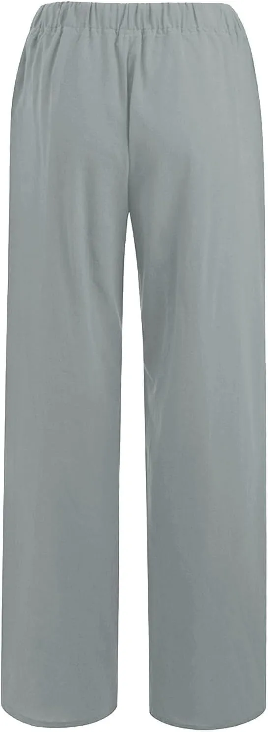 Womens Linen Trousers,Summer Boho Palazzo Pants Wide Leg High Waisted Drawstring Loose Lounge Long Pant with Pockets